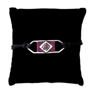 NEW - Stylish Bohemian Silver and Black Leather Bracelet w Purple Woven Center